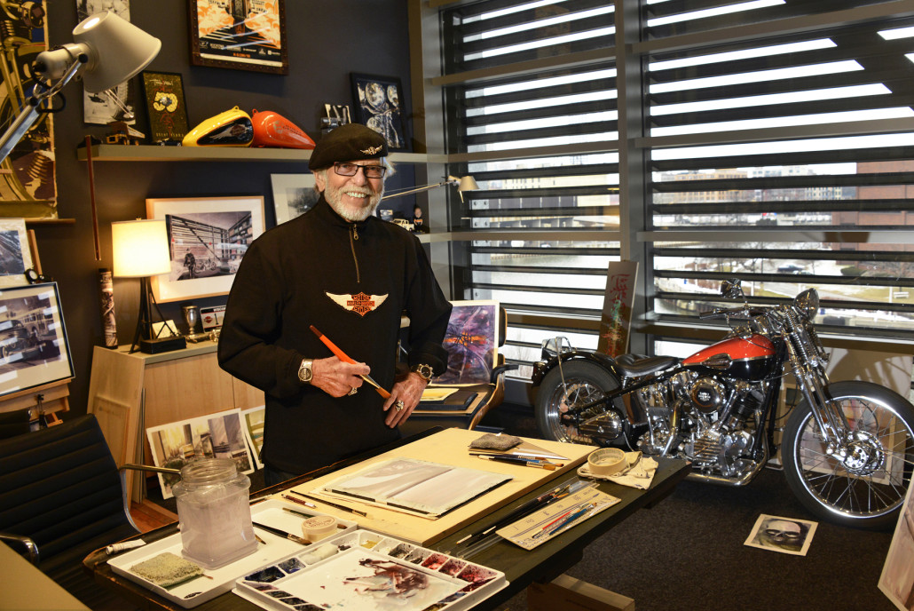 In addition to his many achievements as designer, Willie G. Davidson is a prolific watercolor artist, shown here in his studio in 2015. Harley-Davidson Museum image 