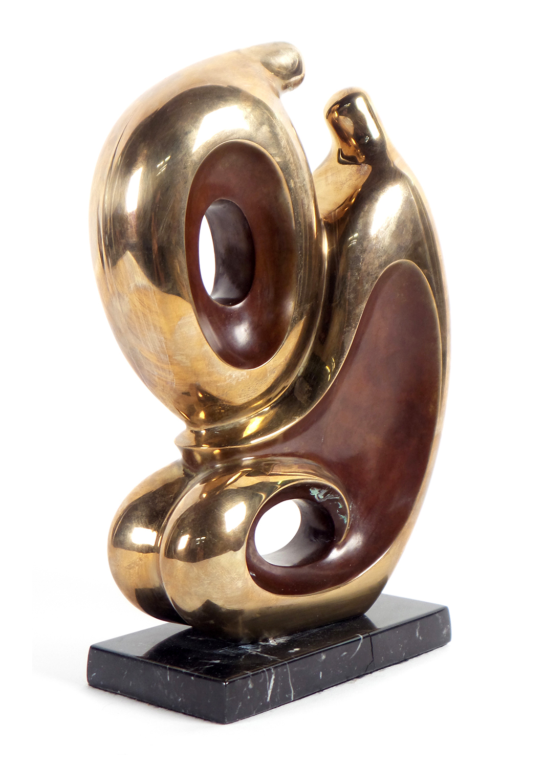 Miklos Sebek, modern abstract bronze sculpture, depicts two mother and child figures, mounted on marble base. Inscribed ‘Sebek 3/12  on bottom, 7 1/2in wide x 12in high, crack in marble base. Estimate $2,000 to $3,000. Roland Auctions image