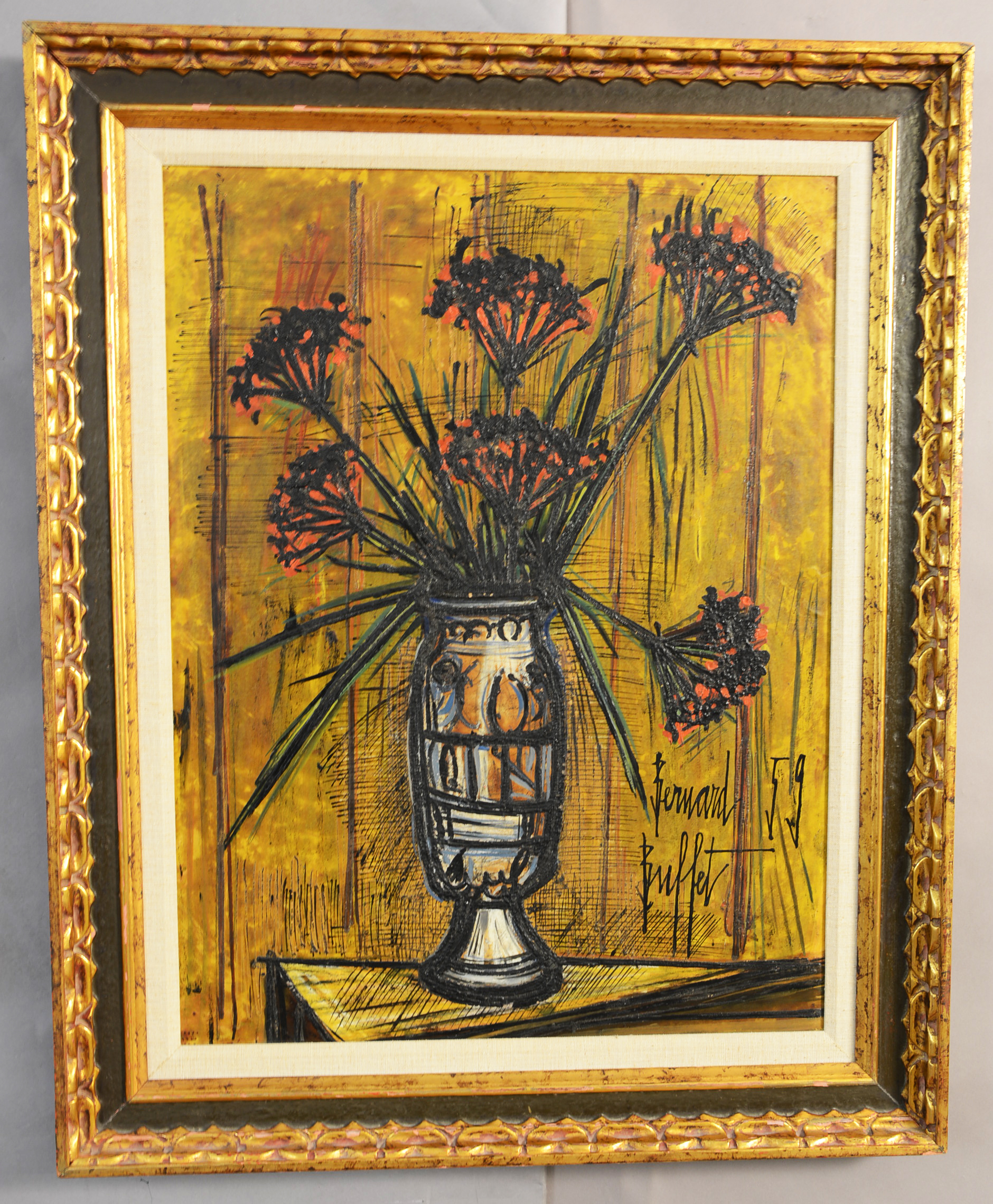Still life oil on board by signer Bernard Buffet, '59, originally purchased from International Galleries in Chicago, 20in x 26in. Estimate: $5,000-$12,000. Bruhns Auction Gallery image