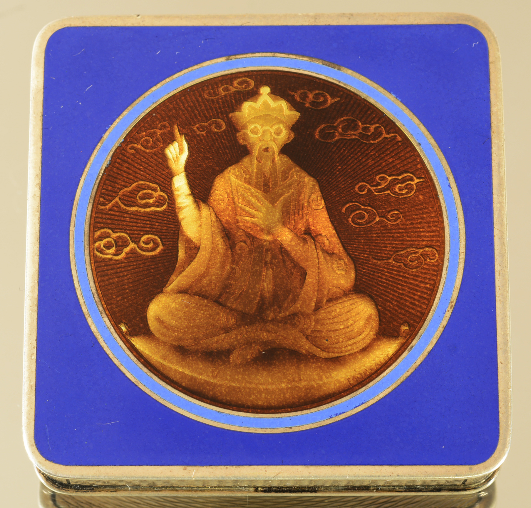 French enameled silver box with portrait of Chinese prophet, pull out brush on bottom, artist-signed Morlaut, total weight 2.19 troy ounces, 2in x 2in, circa 1890. Estimate: $800-$1,200. Bruhns Auction Gallery image