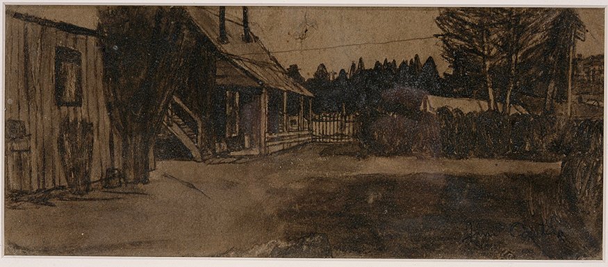 James Castle, double-sided drawing of Farm House with Connected Barn, soot drawing on found cardboard. Image courtesy of LiveAuctioneers.com archive and Slotin Folk Art.