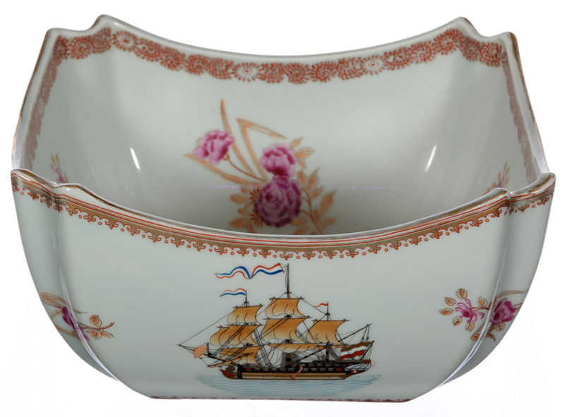 Antique Chinese Export porcelain bowl with a floral design and showing a highly detailed ship. Woody Auction image