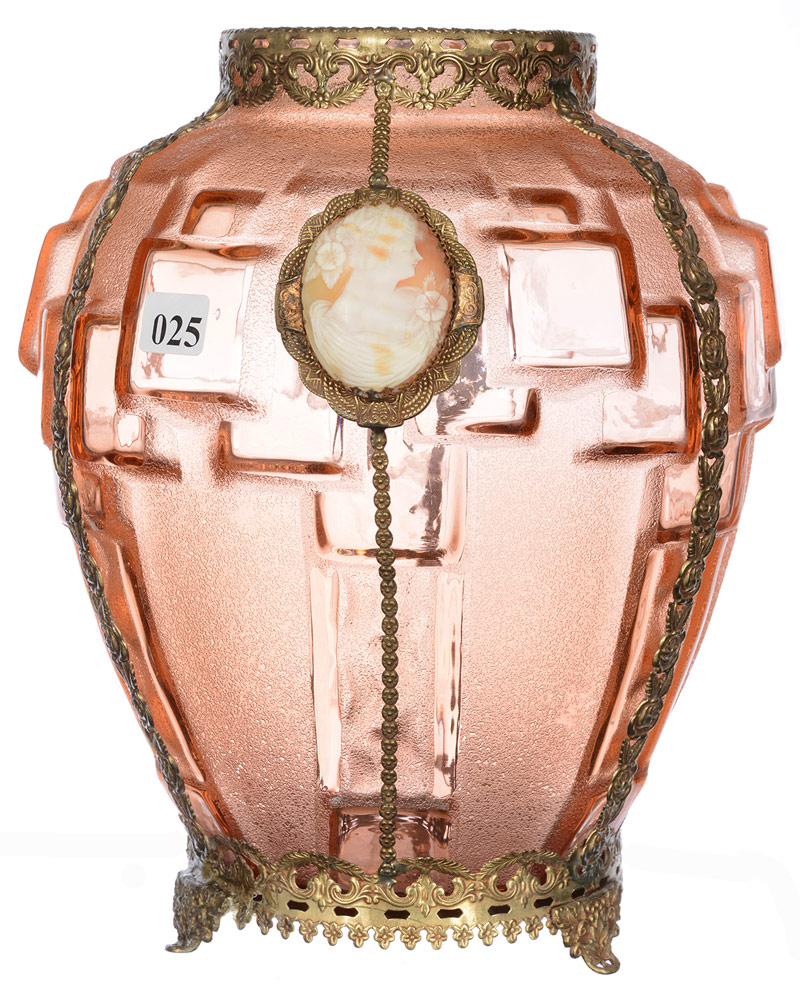 Consolidated art glass vase, 10 1/4 inches tall, with pink coloring and cube design. Woody Auction image