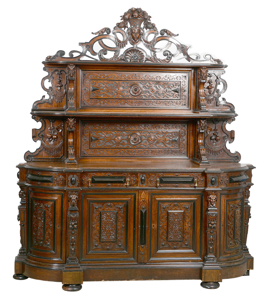 Elaborate Victorian-era rosewood buffet with carved columns of fruit with male bust highlights. Woody Auction image