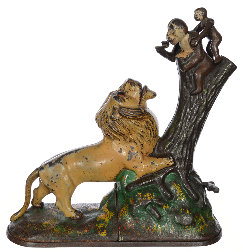 Vintage cast-iron Kyser & Rex mechanical lion and two monkeys bank, patented July 17, 1883. Woody Auction image
