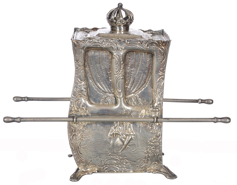 British coin silver figural tea caddy in the shape of a royal carriage with maker’s mark (‘JS’).  Woody Auction image