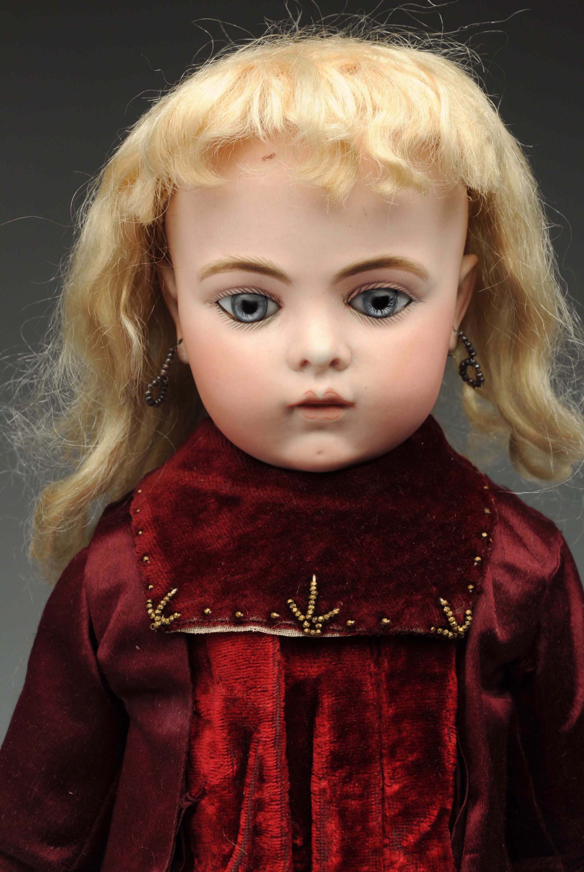 Early, 21-inch Bru Jne 7 bisque-head, leather-body doll, est. $12,000-$16,000. Morphy Auctions image