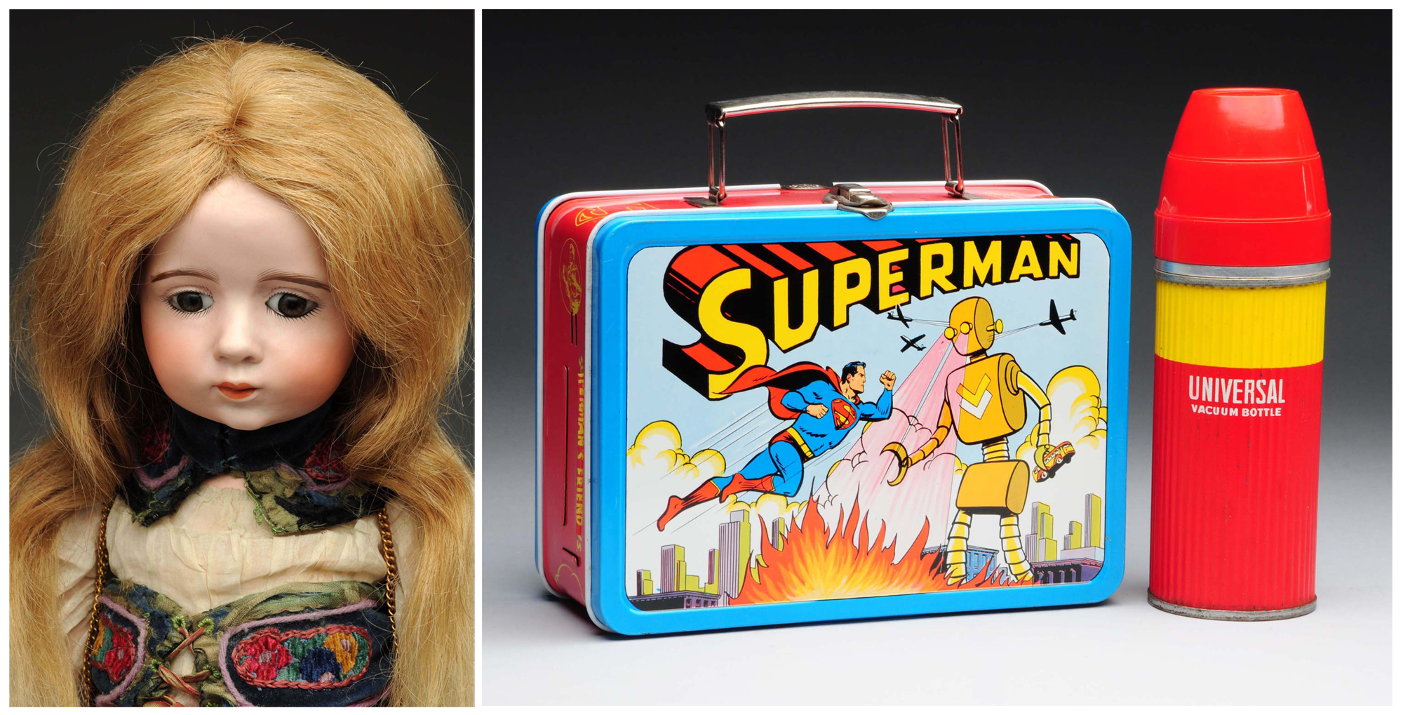At left, 22-inch A. Marque bisque-head girl doll, circa 1914, French, all original, est. $100,000-$200,000; and at right, a very rare 1954 Superman lunchbox with Universal vacuum bottle, possibly the finest of all known examples, est. $8,000-$12,000, from a superior collection of lunchboxes included in Morphy's Sept. 10-12 auction. Morphy Auctions images.