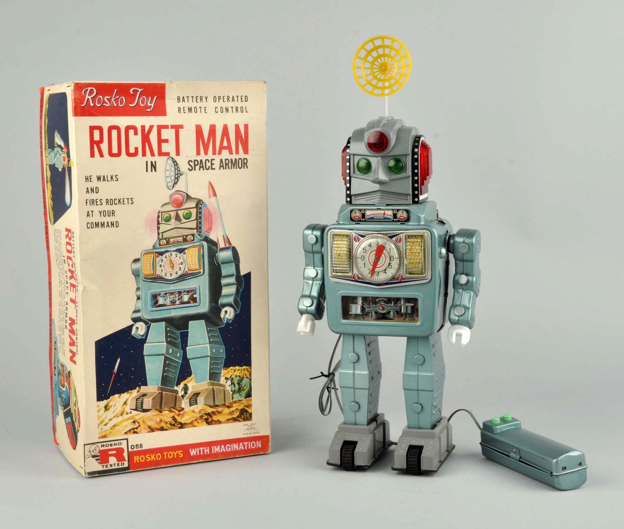 Alps Rocket Man in Space Armor battery-operated robot, Japanese, 14 inches, original box, est. $2,000-$3,000. Morphy Auctions image