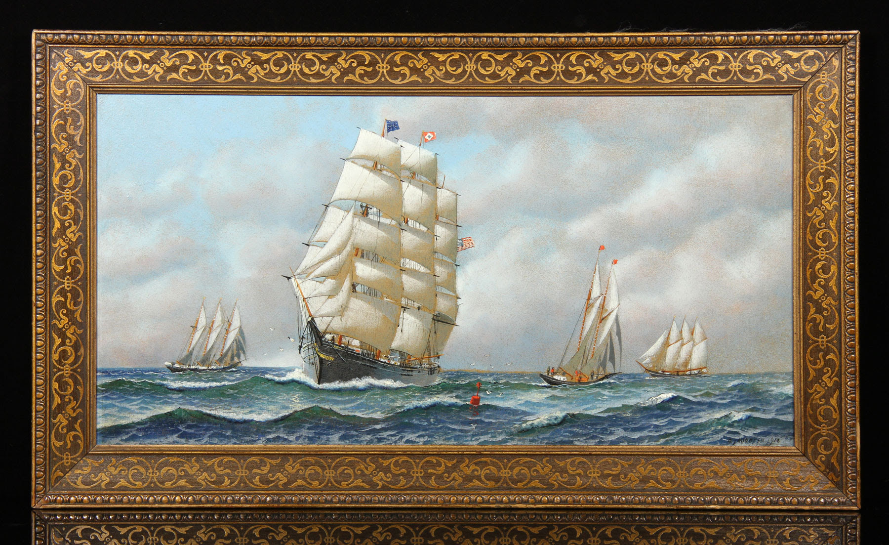 Antonio Jacobsen (Danish-American, 1850-1921), full clipper ship, oil on artist board, signed and dated 1918, in original frame, 11 3/4in x 22 3/4in (view), 15in x 26in (frame). Kaminski Auctions image