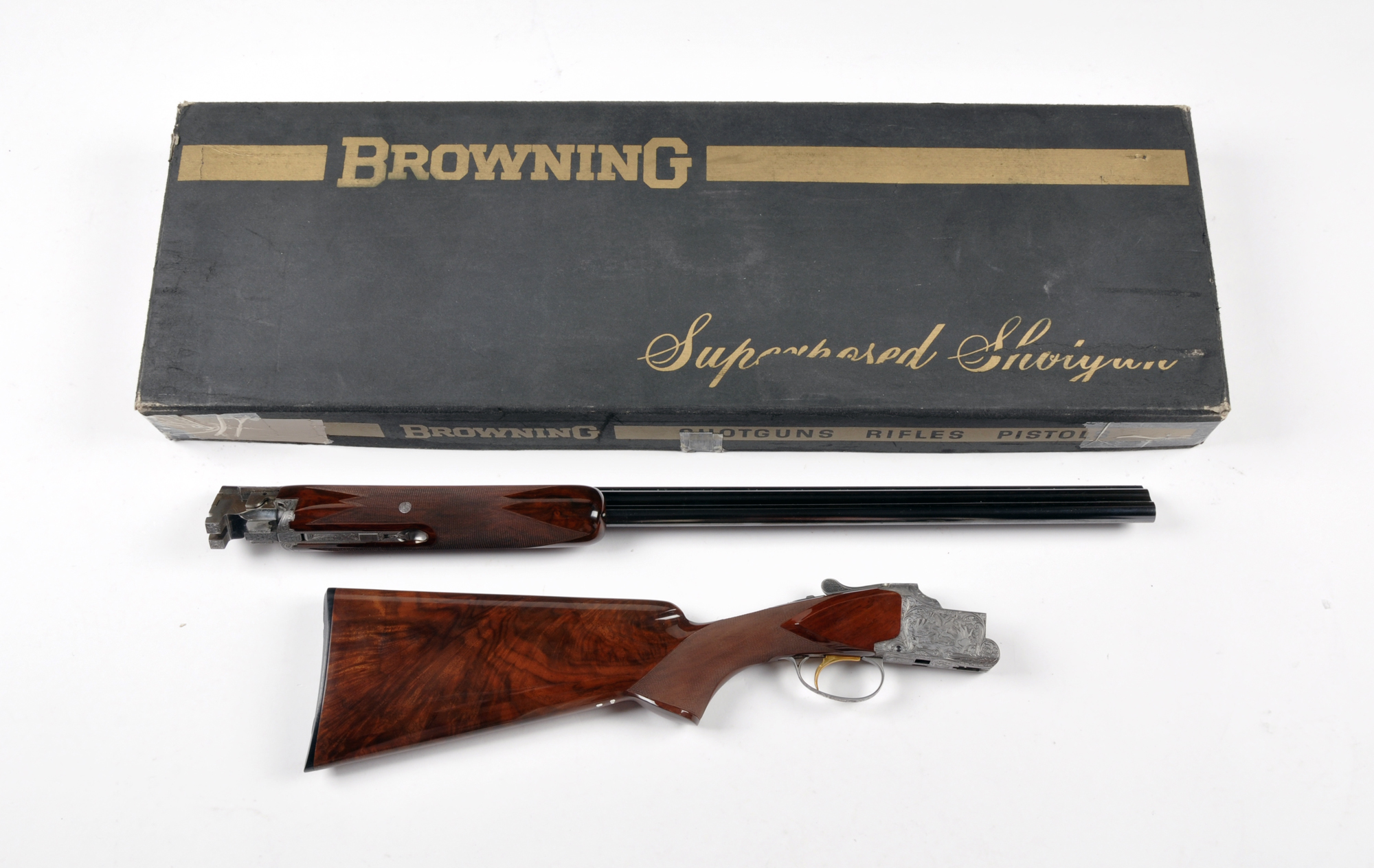 Belgian Browning Superposed 28-gauge coin-silver-finish over/under shotgun with shipping box. Sold for $13,200. Morphy Auctions image