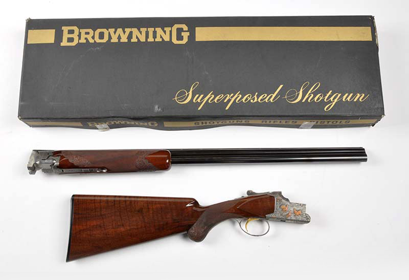 Top lot of the sale was a mint/boxed Belgian Browning Superposed 20-gauge over/under shotgun. Sold for $27,600. Morphy Auctions image