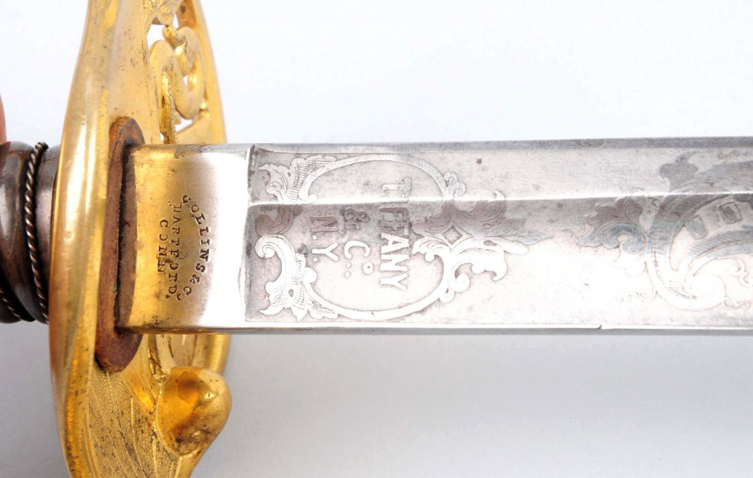 Close-up of blade on Tiffany silver hilt sword presented to Civil War Capt. George Van Beak by Company A, 33rd Missouri Volunteers. Sold for $12,000. Morphy Auctions image