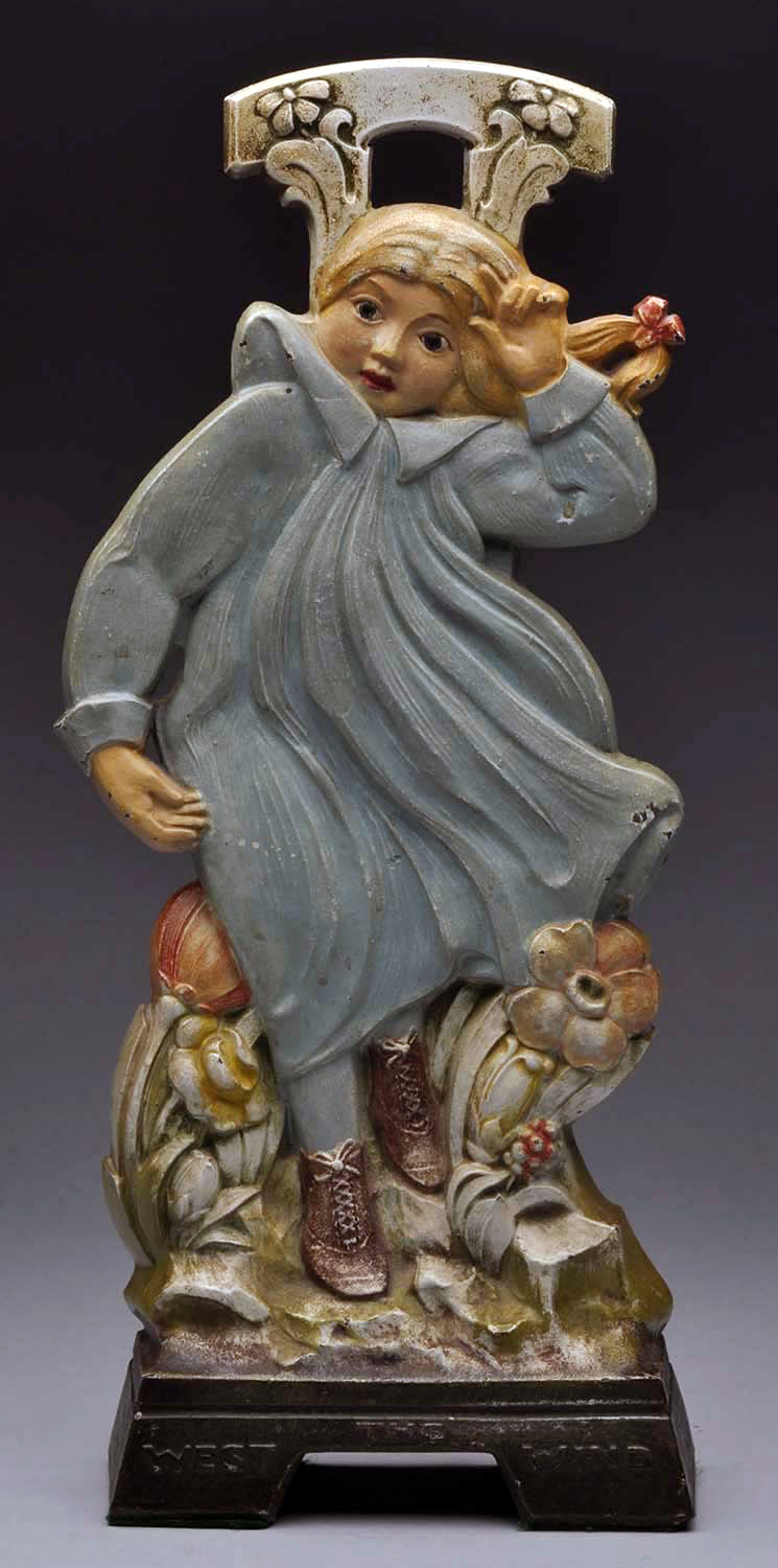 Figural cast-iron doorstop ‘The West Wind,’ manufactured by Judd Co., 18 inches tall, near mint. Estimate: $3,000-$4,000. Morphy Auctions image