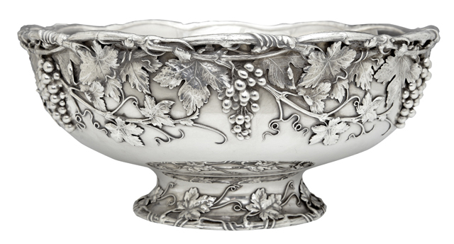 Extraordinary late 19th century sterling punch bowl by Whiting, 20 pints, with relief decoration. Estimate: $4,000-$6,000. Crescent City Auction Gallery image 
