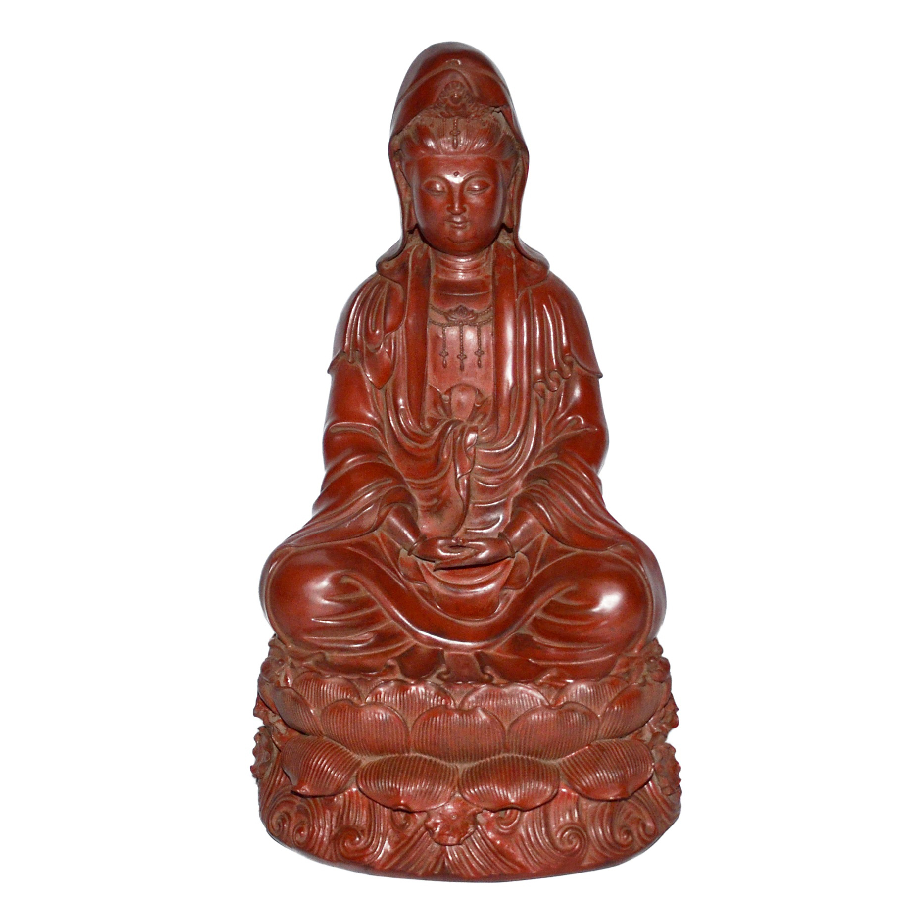 This tall statue of Guanyin is of starched linen, hollow in the center where molded clay was extracted. Coated with lacquer, it is a masterpiece of technique. Estimate: $8,000 - $15,000. Gianguan Auctions image