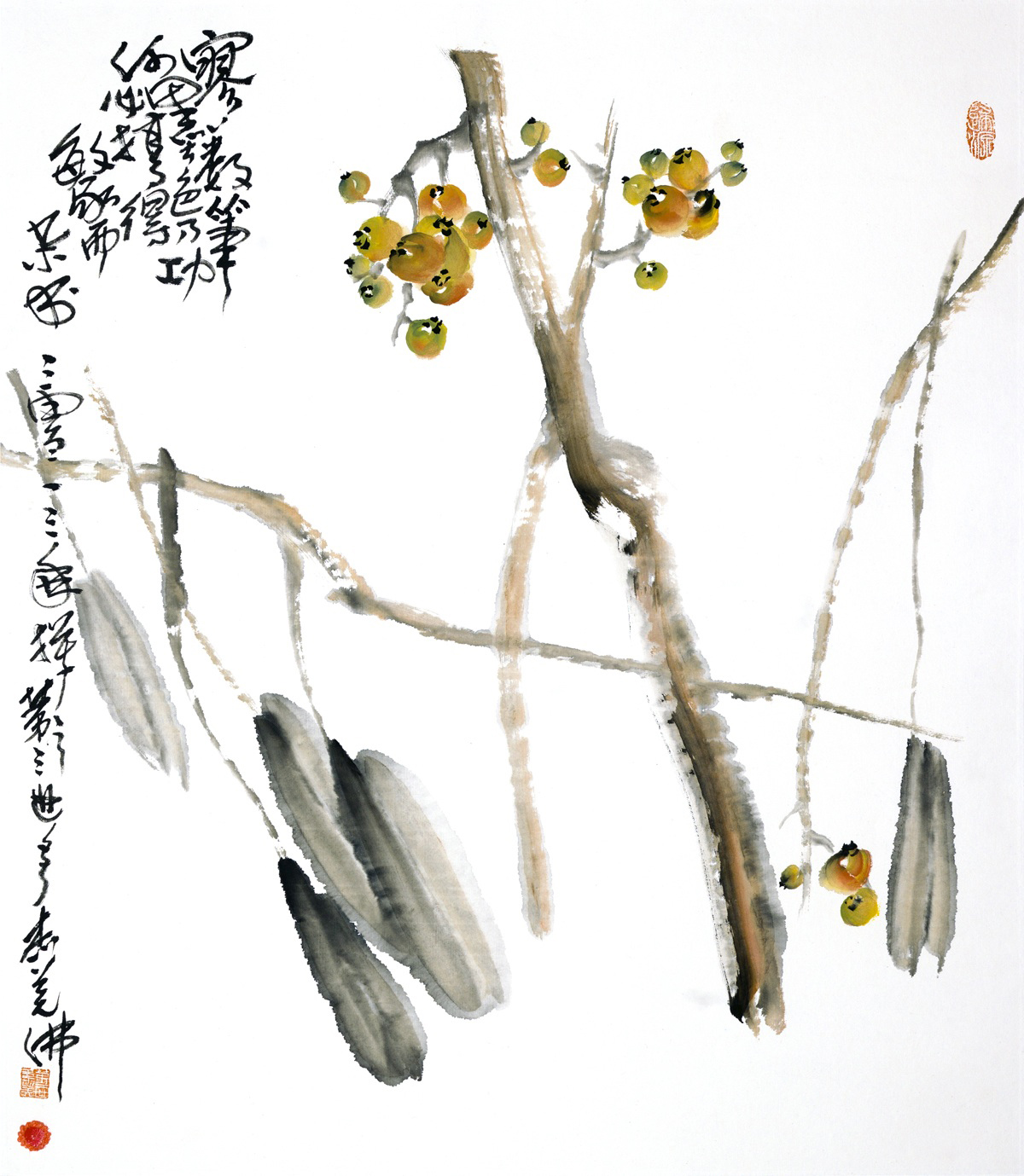 ‘Loquat,’ 2013, by HH Dorji Chang Buddha III. A minimalist but dynamic portrayal created by deft strokes, with no extraneous marks. Carries the bell seal of Dorji Chang Buddha III and a three-dimensional finger print Gui Yuan. Starting bid: $9 million. Gianguan Auctions image