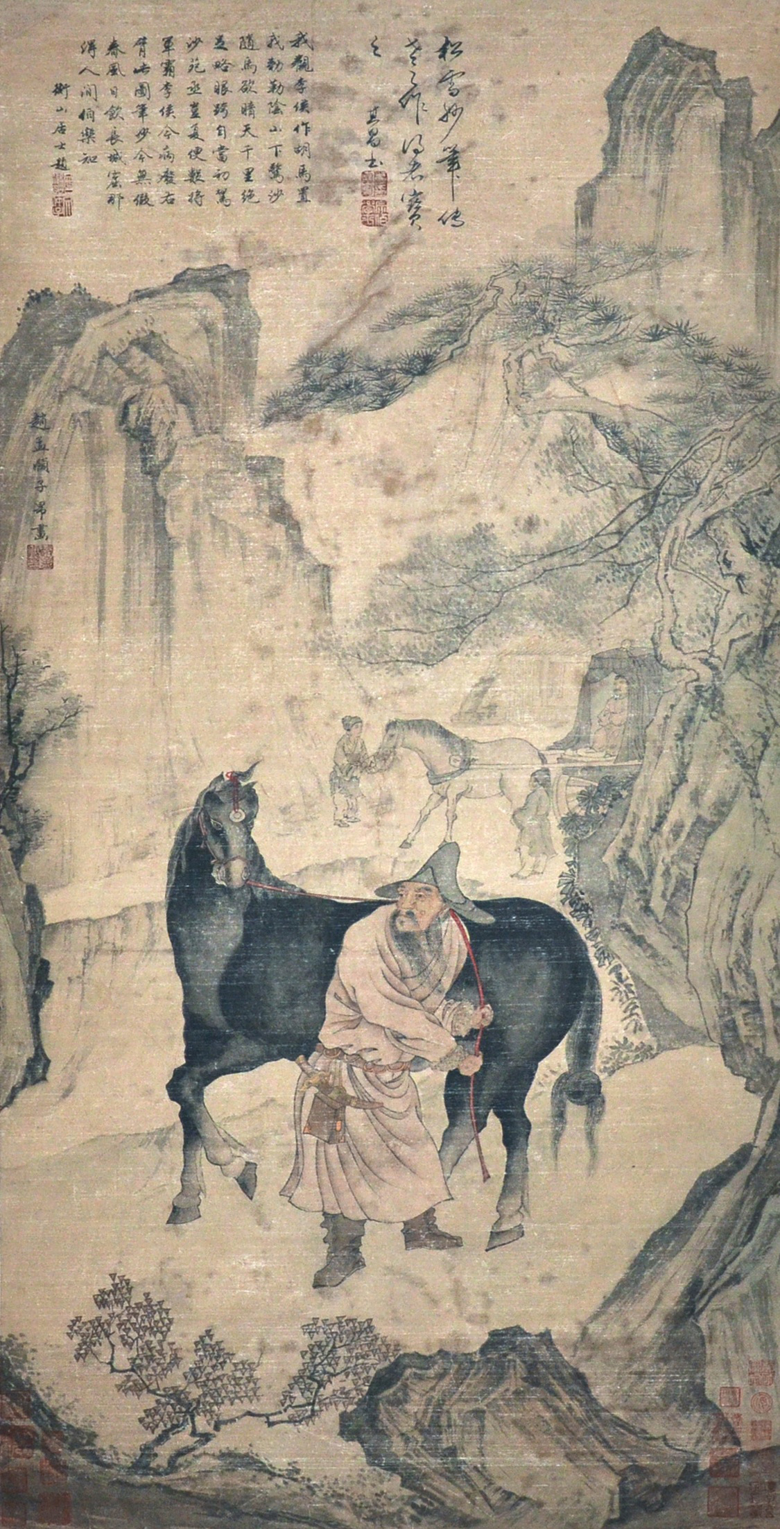 ‘The Steed and Groom’ by Zhao Mengfu, Yuan Dynasty, in traditional tonalities with one red tether. Signed Zhao Mengfu, with one artist seal and 16 collectors’ seals. Starting bid: $10 million. Gianguan Auctions image