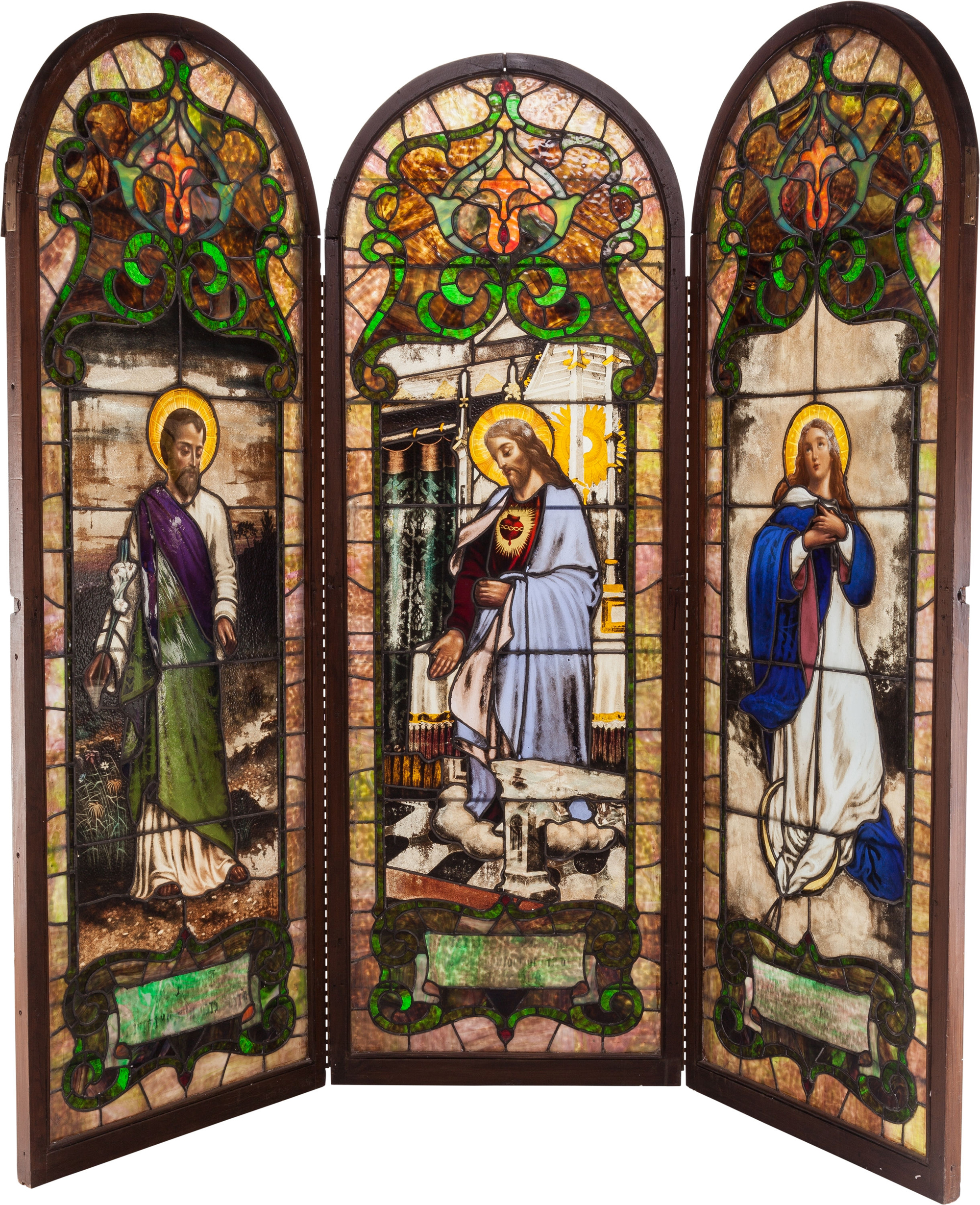 From the home of the late Rod McKuen, a German stained glass window depicting Jesus, Mary and Joseph (est. $10,000+). Heritage Auctions image