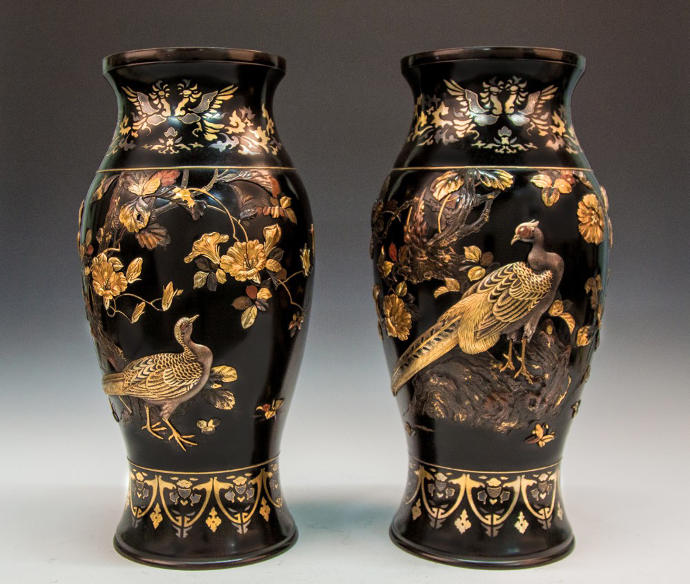 Pair of monumental Japanese Meiji inlaid bronze mixed metal vases attributed to Suzuki Chokichi. Estimate: $25,000-$35,000. Cottone Auctions image