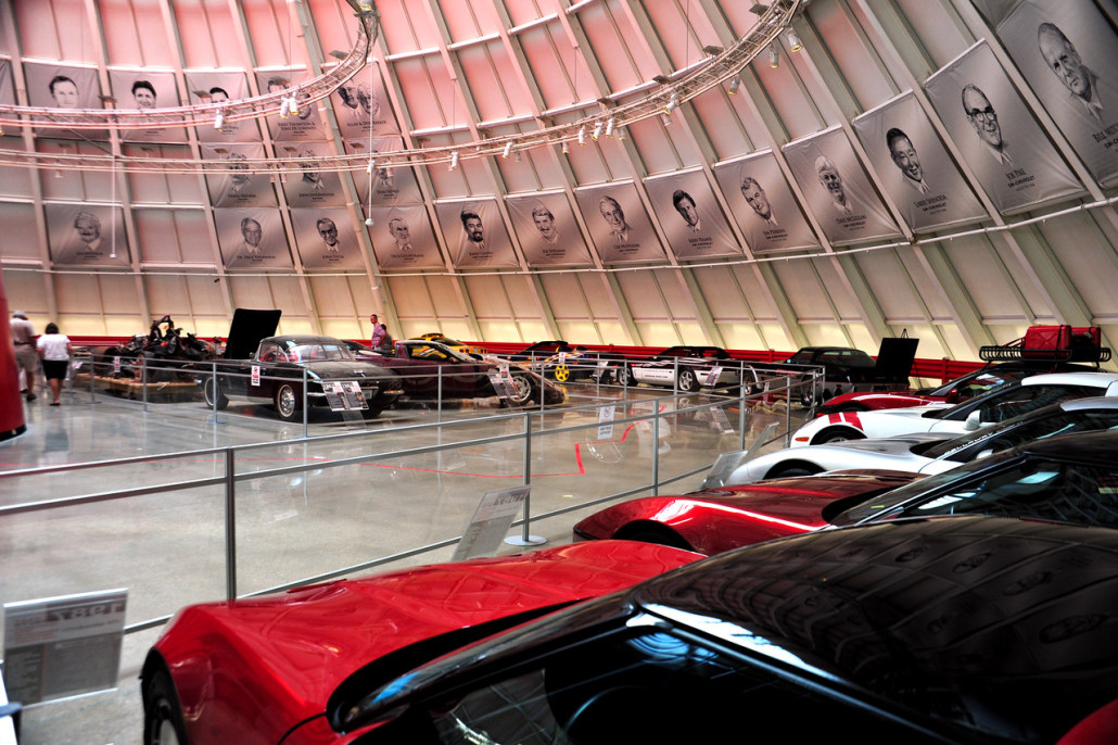 The National Corvette Museum Skydome recently welcomed back 30 Corvettes to the display floor. Red tape on the showroom floor outlines the sinkhole, which has been filled an reinforced. National Corvette Museum photo