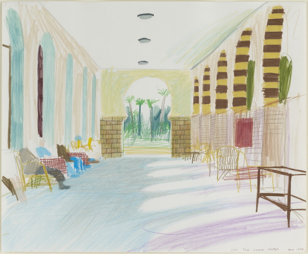 David Hockney, 'The Luxor Hotel,' 1978, colored crayon on paper. To be shown in ‘David Hockney: Early Drawings’ at Offer Waterman’s George Street gallery. © David Hockney. Image courtesy Offer Waterman.