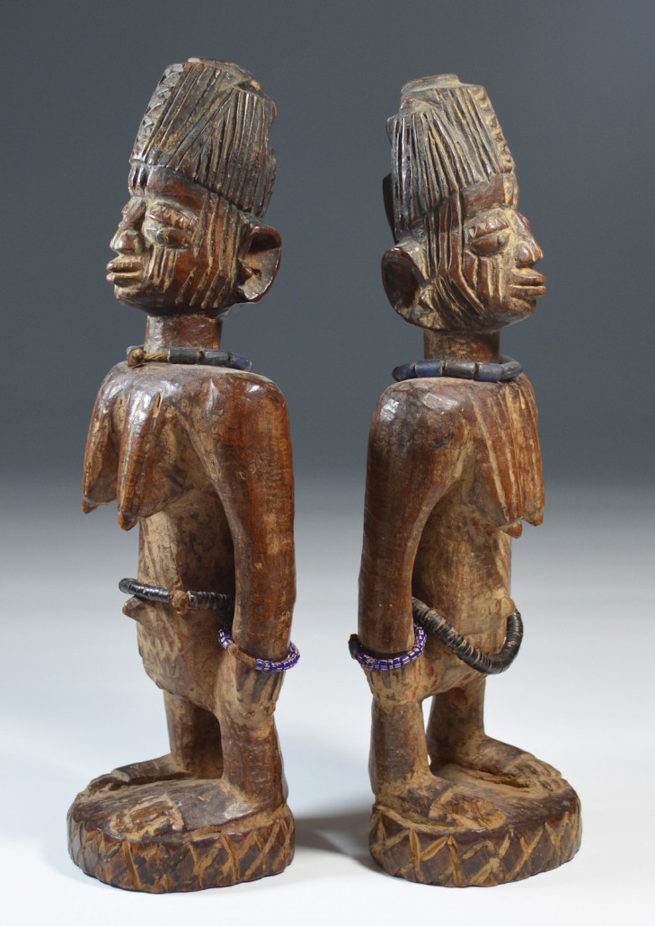 A rare pair of early 20th-century Yoruba Ibeji figures to be offered by Kenn MacKay at £1,450 ($2,265) at the London Tribal Art Fair in September. Image courtesy of the London Tribal Art Fair.