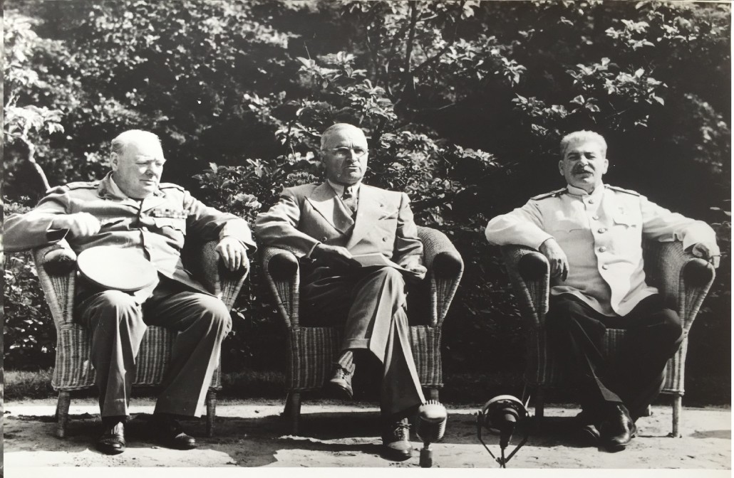 ‘The Big Three at Potsdam, July 1945,’ Yevgeny Khaldei (1917-1997), vintage silver print of Winston Churchill, Harry S. Truman and Joseph Stalin, 30 x 39 cm. Signed and stamped on the back, 1945. Published ‘Witness to history’ by A and A Naknimovsky in 1997, page 75. Meridian Auction image