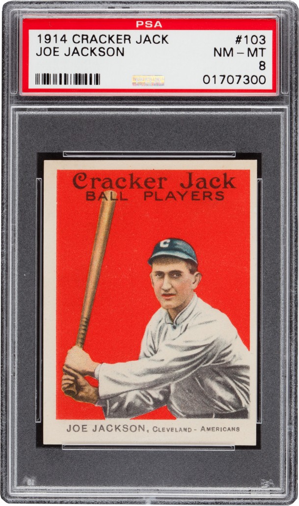 In near mint (PSA NM-MT 8) condition, the 1914 Cracker Jack baseball card of Joe Jackson, when ‘Shoeless Joe’ played for Cleveland, sold for $101,575. Heritage Auctions image