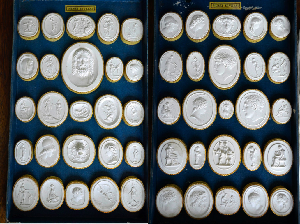 Ancient history in a box: Two trays from the nest of eight containing the plaster reliefs, all arranged symmetrically. Photo Ewbank’s auctioneers