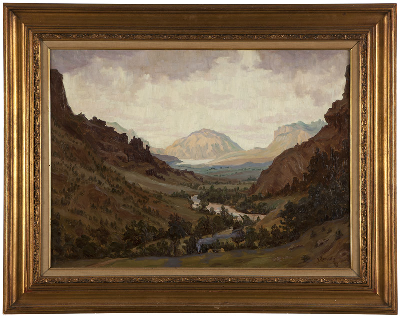 Antanas Zemaitis’s (1876-1966 Lithuanian) oil on canvas depiction of campers in a verdant valley landscape proved popular among international bidders. The work blew past the $9,000 high estimate, selling for $15,990. John Moran Auctioneers image