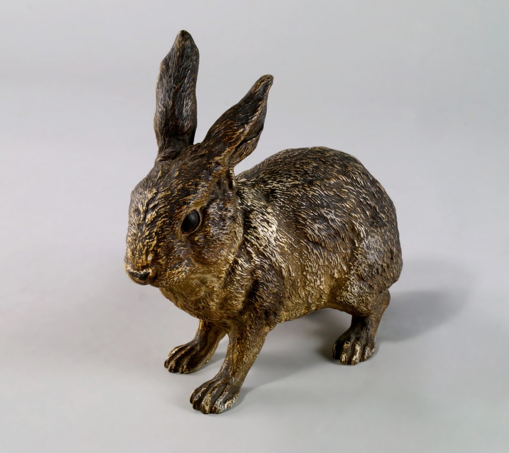 Early 20th century cold painted bronze rabbit attributed to Franz Bergman, stamped ‘DEPOSE GESCHUTZT’ with cast numbers and stamp, approximately 6 1/2 inches long. Estimate: £500-£800. Roseberys image