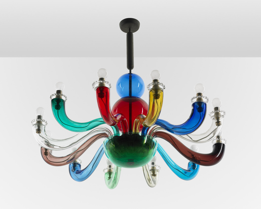 In the late 1940s, Ponti had a fruitful partnership with Paolo Venini and his Murano glassworks. In addition to colorful glass bottles and vessels he called ‘divertimenti,’ he created this iconic 12-arm chandelier. This example was owned by Ponti and installed at his vacation home in Liguria. As the Wright auction catalog noted: ‘Theatrical but not overly extravagant, amusing but also wholly functional, this chandelier exhibits a refinement that is distinctly Ponti.’ Courtesy Wright.