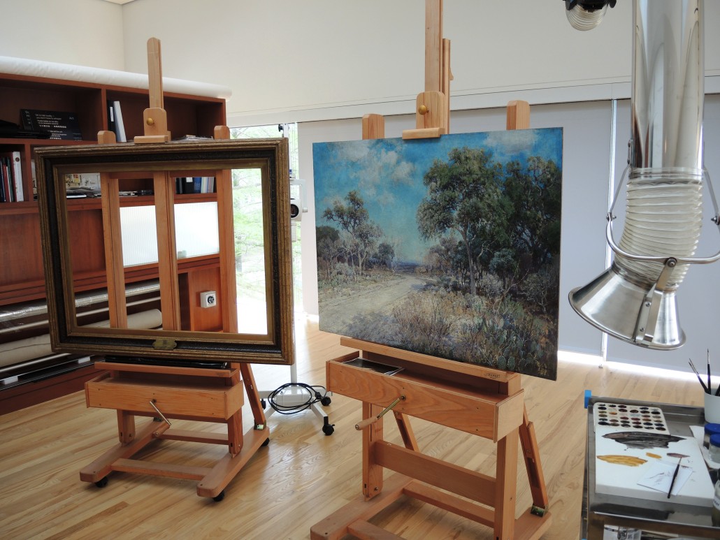 Julian Onderdonk’s restored ‘Road to the Hills’ in the DMA’s Paintings Conservation Studio. Julian Onderdonk, ‘Road to the Hills,’ Dallas Museum of Art, gift of the Dallas Shakespeare Club in memory of Elizabeth Patterson Kiest, 1919.2