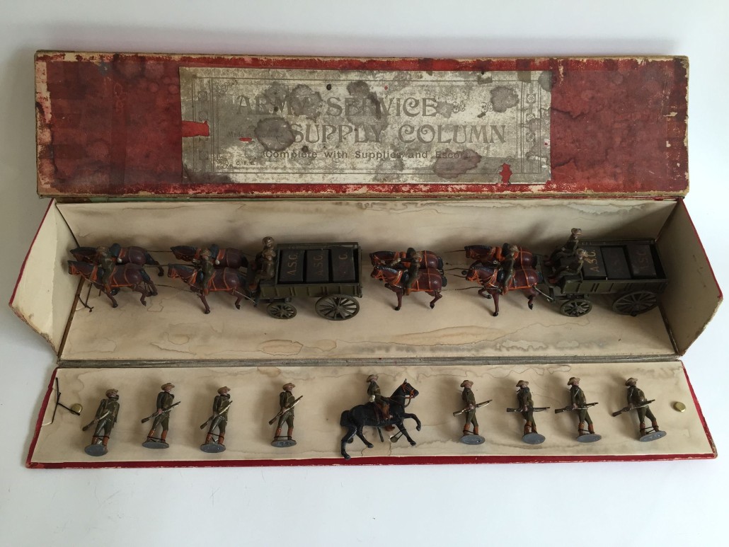 Extremely rare Britains Boer War Army Service Supply Column with supplies and escort, one of two known boxed examples, est. $12,000-$14,000. Old Toy Soldier Auctions imag