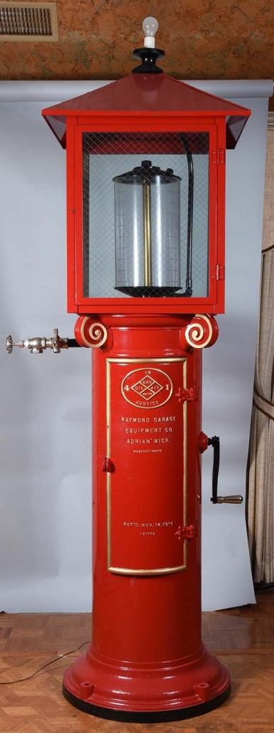 Raymond ‘4 in 1 Justice’ 5-gallon visible gas pump, glass-encased cylinder, 104in. tall, est. $15,000-$20,000. Morphy Auctions image