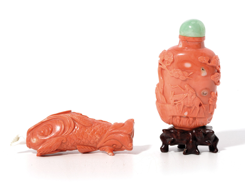 Two coral snuff bottles, 20th century. Estimate: $2,000-$3,000. Michaan’s Auctions image