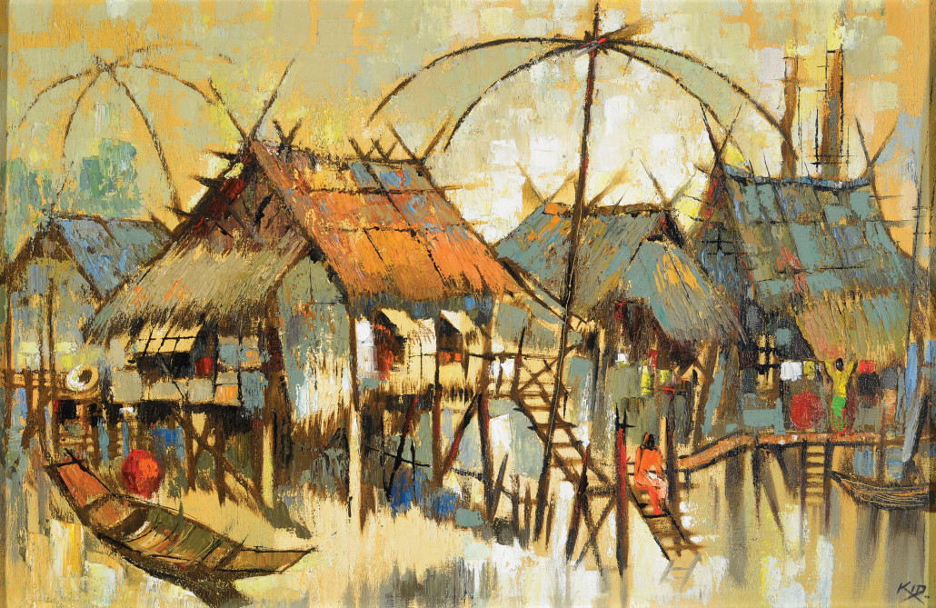 Kid Kosolawat, (Thailand 1917-1988), ‘Bangkok Scene,’ oil on canvas Estimate: $2,000 / 3,000. Michaan’s Auctions image 