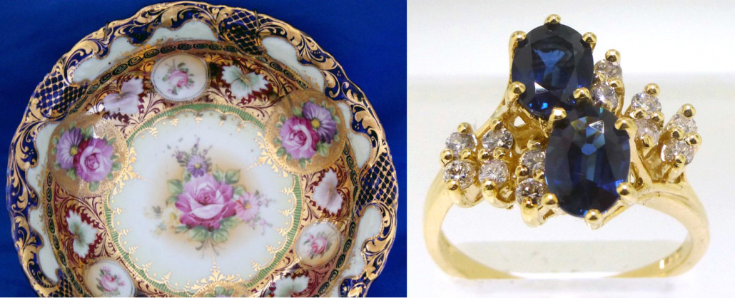 Highlights of Charleston Estate Auctions' Sept. 27 sale include: (Left) Large berry serving bowl, part of rare circa 1895-1905 Shimamura Sei set that also includes six individual berry bowls. Set estimate: $800-$1,200. (Right) Estate sapphire and diamond ring, 14K yellow gold, sapphires measure 6.90 x 5.00mm and 6.70 x 4.90mm, surrounded by 12 round, brilliant-cut diamonds. Est. $1,600-$2,000. 