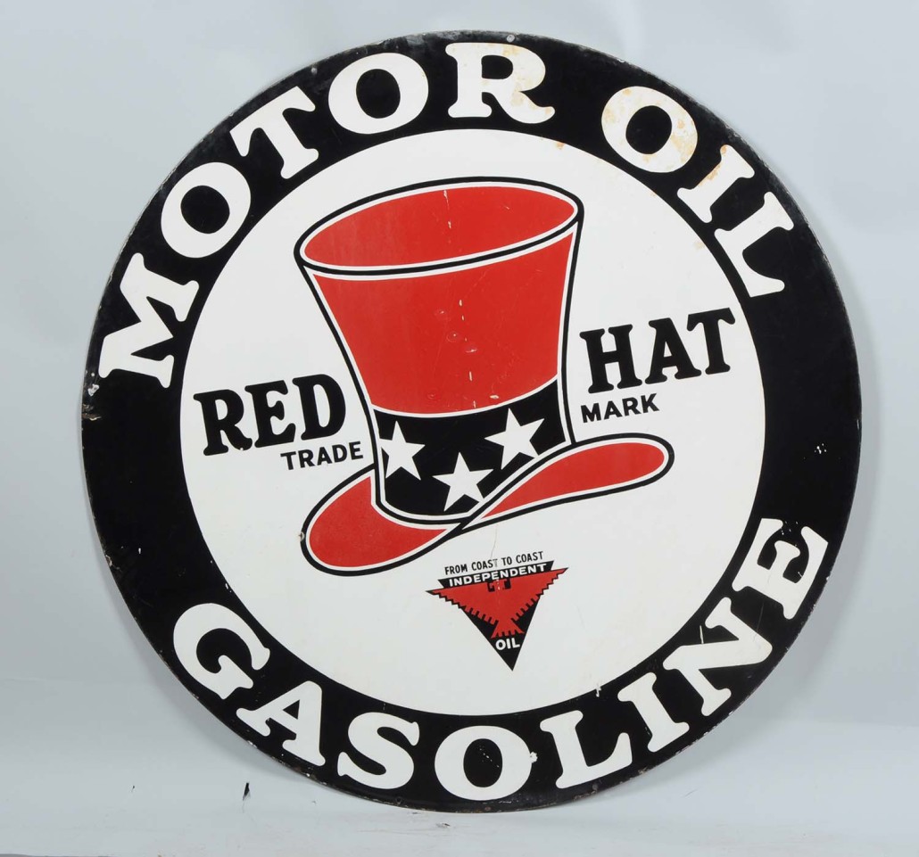 Red Hat Motor Oil and Gasoline double-sided porcelain sign, 48in. diameter, est. $25,000-$35,000. Morphy Auctions image