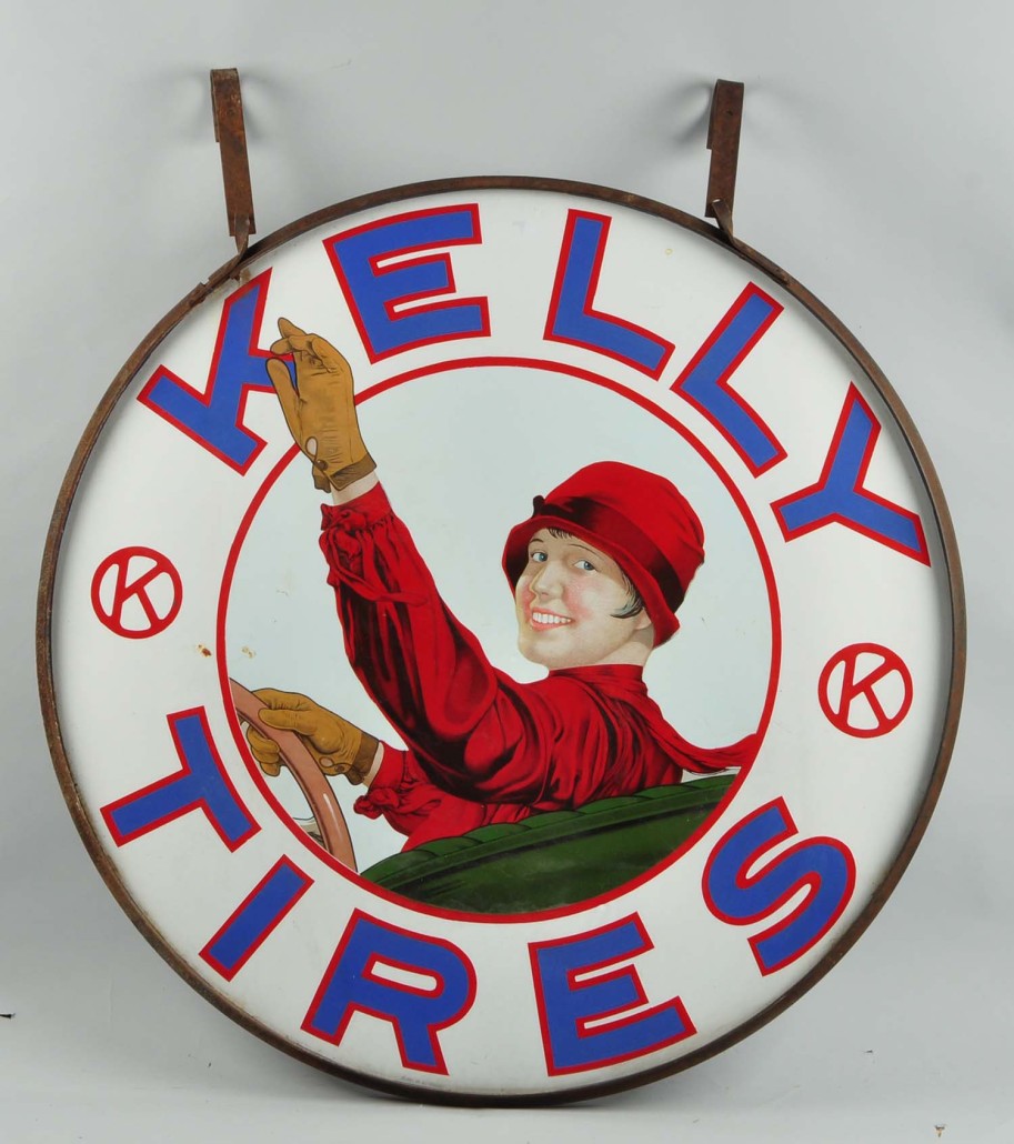 Kelly Tires ‘Lotta Miles’ logo porcelain sign, 42in. diameter, est. $50,000-$80,000. Morphy Auctions image
