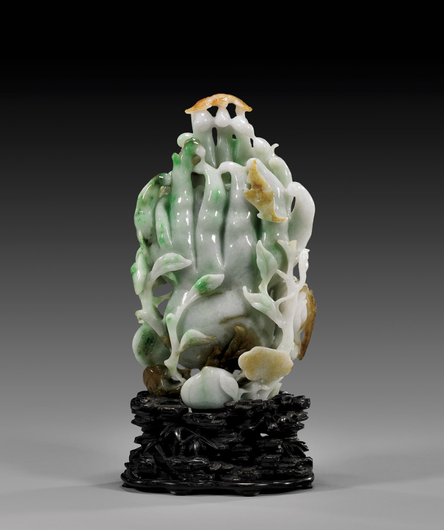 Buddha's hand, carved in apple-green jadeite, 8 1/8 inches tall. It is estimated at $20,000-$30,000. Chait Gallery/Auctioneers image 
