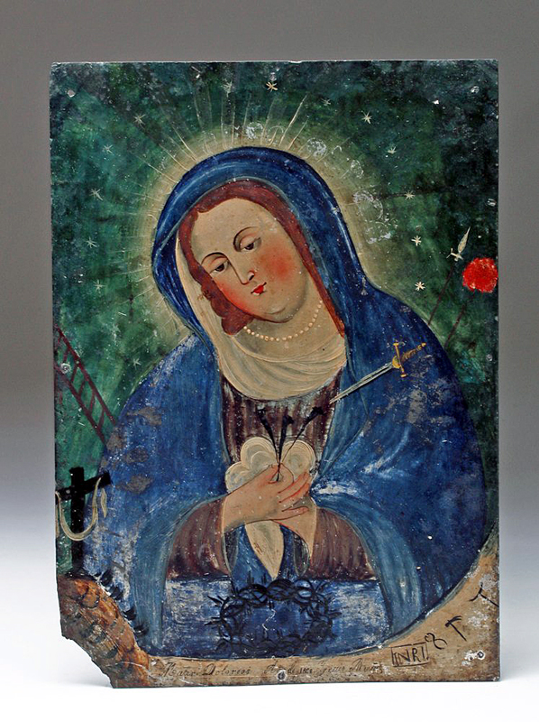 Signed 1868 Mexican retablo depicting Mater Dolorosa, ex James Caswell / Historia Gallery collection, est. $1,500-$1,800 