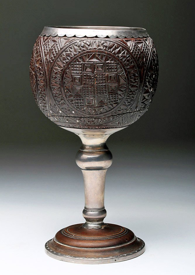 19th century colonial coconut/silver chalice, Mexican, circa 1800 CE, ex James Caswell / Historia Gallery collection, est. $2,500-$3,000 