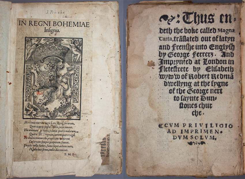 (Left) One of 149 woodcuts from a circa-1570 Czech Bible, est. $1,500-$2,500. Waverly image. (Right) Circa-1541 printed of The Magna Carta, est. $600-$900. Waverly image