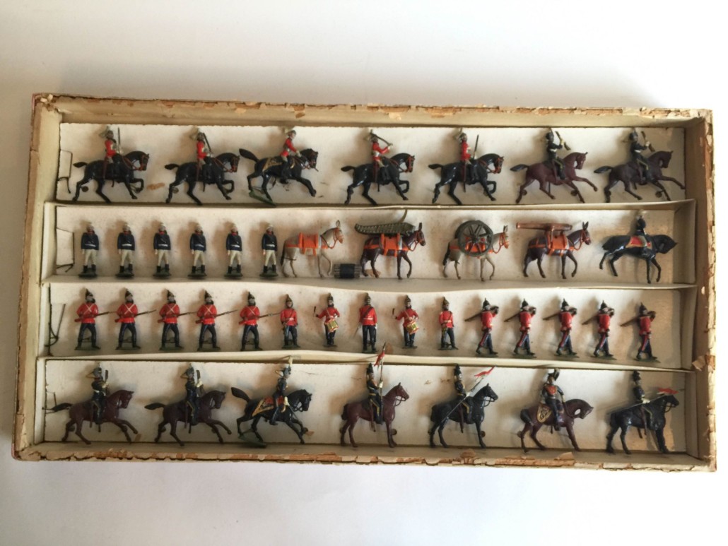 Britains 41-piece Display Set #29 containing figures from the 1st Life Guards, 3rd Hussars, 9th Royal Lancers, Royal West Surrey and Mule Mountain Battery. Est. $5,500-$7,500. Old Toy Soldier Auctions image
