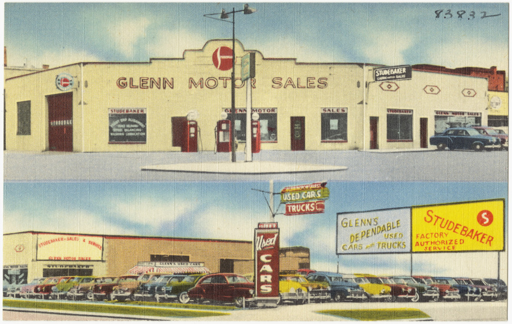 Postcard depicting Glenn Motor Sales, a Studebaker dealer of the 1940s/'50s in Bay City, Michigan. Image courtesy Boston Public Library