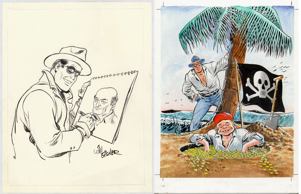 Left: Frequently finding humor in situations ranging from the routine to the absurd, Will Eisner drew The Spirit illustrating a head shot of Eisner himself. Right: Will Eisner never hesitated to put other characters in the center of the action while putting The Spirit off to the side, as seen in this color cover for a 1991 Danish collection. Image courtesy of Denis Kitchen. Images courtesy of Denis Kitchen.