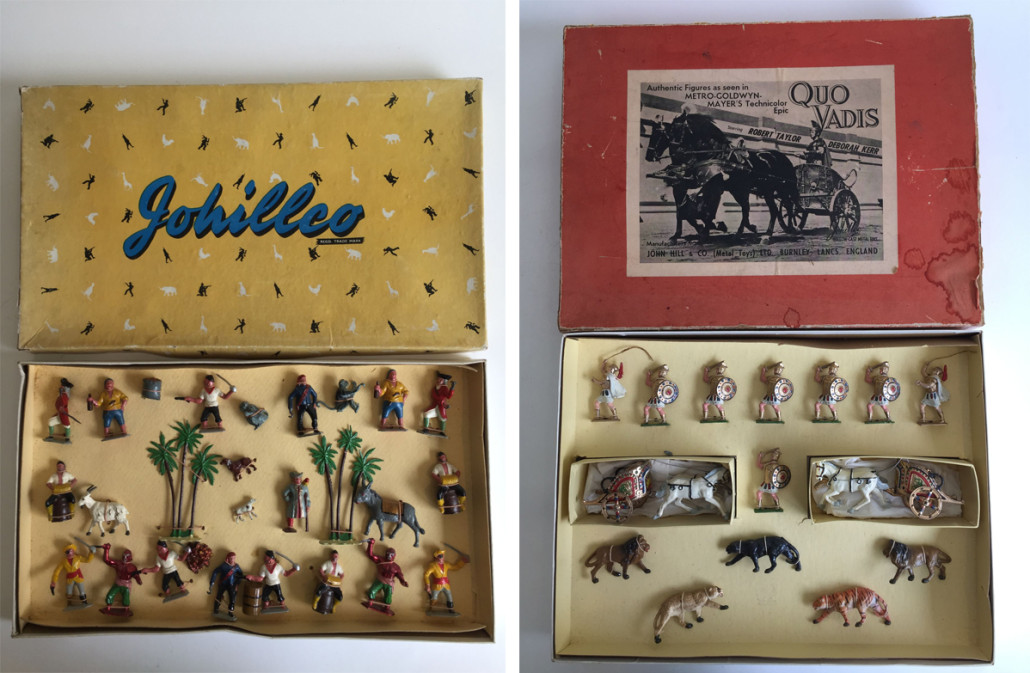 (Left) Johillco boxed Pirate set with mint figures of palm trees, pirates, animals and other objects related to the theme. Old Toy Soldier Auctions image. (Right)Johillco boxed set produced to promote MGM’s 1951 Technicolor Roman epic ‘Quo Vadis,’ est. $1,200-$1,600. Old Toy Soldier Auctions image