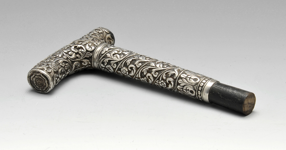 Late 19th century silver mounted walking stick handle by Oomersi Mawji. Fellows image
